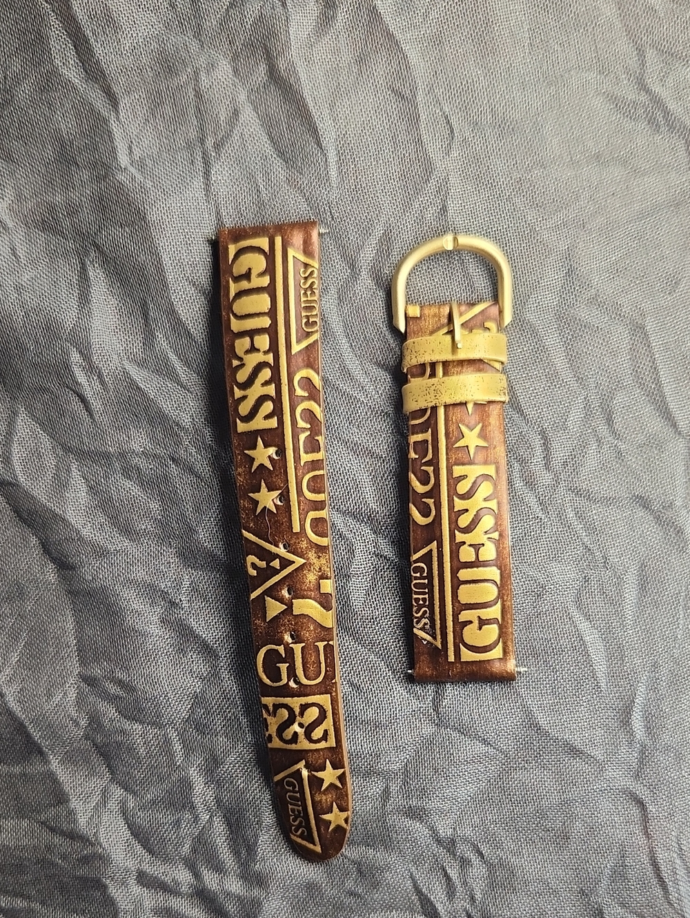 Vintage '90S Guess Brown Leather Watch Band Replacement Strap Monogram Stars